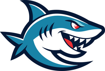 Aggressive blue shark mascot with sharp teeth and red eyes