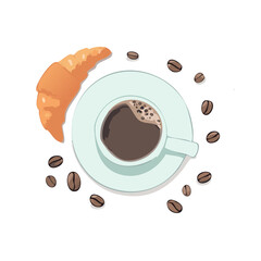 Vector illustration of a coffee cup with steam, croissant, and coffee beans on a light background. Perfect for café and breakfast designs