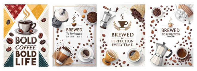 Coffee-themed graphic design featuring brewing methods and beans in a vibrant and artistic layout.
