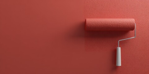 Obraz premium Paint roller applying fresh coat of coral color paint on wall, home improvement concept