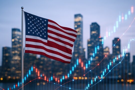 American Economic Growth: USA Flag Waving Against Skyline with Stock Market Chart Overlay - Powered by Adobe