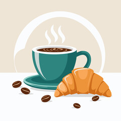 Vector illustration of a coffee cup with steam, croissant, and coffee beans on a light background. Perfect for café and breakfast designs