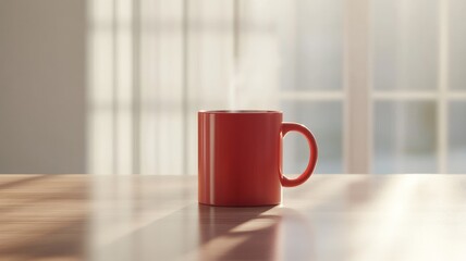 Fototapeta premium Photorealistic close up of red mug on wooden table with soft morning light