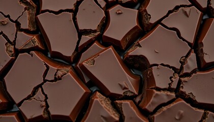 Jagged shards of dark chocolate, rich brown hues, close-up texture showing deep cracks and glossy sheen,  fragments,  cocoa