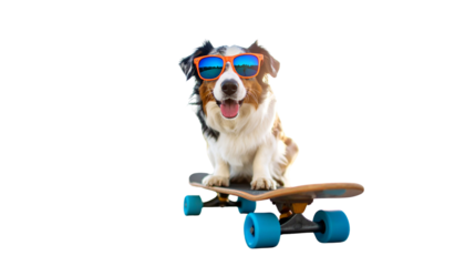Dog wearing sunglasses riding on skateboard isolated on transparent background.