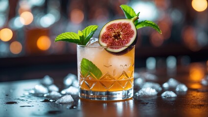 Figs, mint leaves, and ice in a glass cocktail with a blurred bokeh background. Refreshing summer drink. Beautiful presentation.