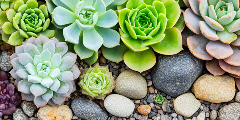 Various succulents are arranged with stones, displaying vibrant green and pinkish hues. Natural beauty and serenity