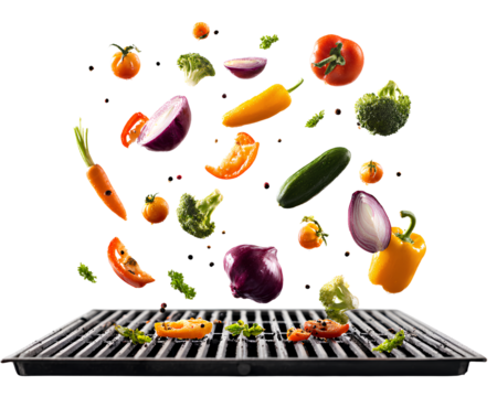 Vegetables flying above grill white background