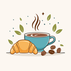 Vector illustration of a coffee cup with steam, croissant, and coffee beans on a light background. Perfect for café and breakfast designs