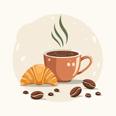 Vector illustration of a coffee cup with steam, croissant, and coffee beans on a light background. Perfect for caf&eacute; and breakfast designs