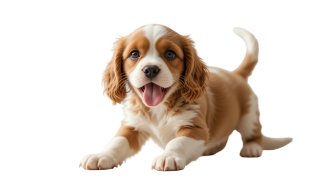 Adorable playful puppy with expressive eyes and fluffy brown and white fur capturing joyful moments of domestic pet companionship in a professional pet photography shot