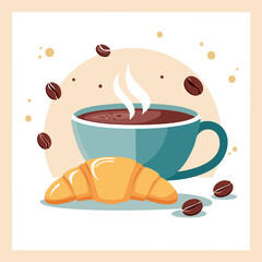 Vector illustration of a coffee cup with steam, croissant, and coffee beans on a light background. Perfect for café and breakfast designs