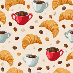 Seamless pattern with croissants, coffee cups, and coffee beans on a light background. Perfect for café, bakery, and breakfast themes