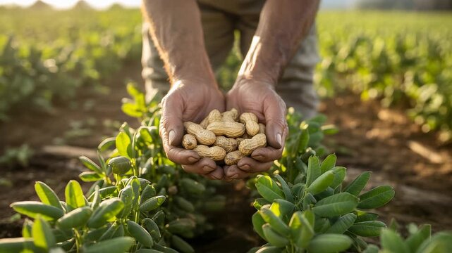 Farmer holding freshly harvested peanuts in hands over green peanut plants in cultivated agricultural field during sunny afternoon