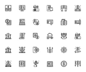 Currency icon set. Finance vector collection. Includes money, online payment, bank, credit card, wallet, coins, growth, mobile app and more. Editable stroke.