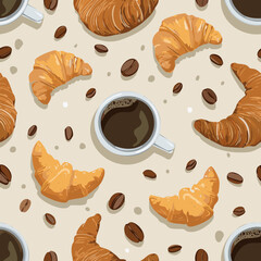 Seamless pattern with croissants, coffee cups, and coffee beans on a light background. Perfect for café, bakery, and breakfast themes