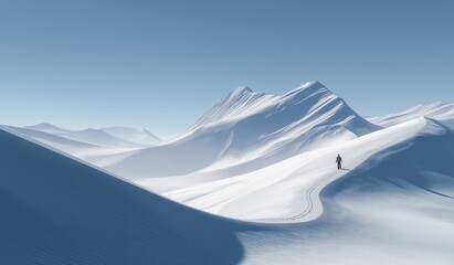 Solitary hiker silhouetted against an endless snow-covered mountain range under clear blue sky, soft lighting accentuating vast wilderness and serene solitude