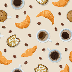 Seamless pattern with croissants, coffee cups, and coffee beans on a light background. Perfect for café, bakery, and breakfast themes