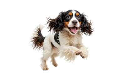 Adorable playful dog puppy captured with joyful expression and energetic pose against a black background highlighting furry coat cute face and cheerful personality