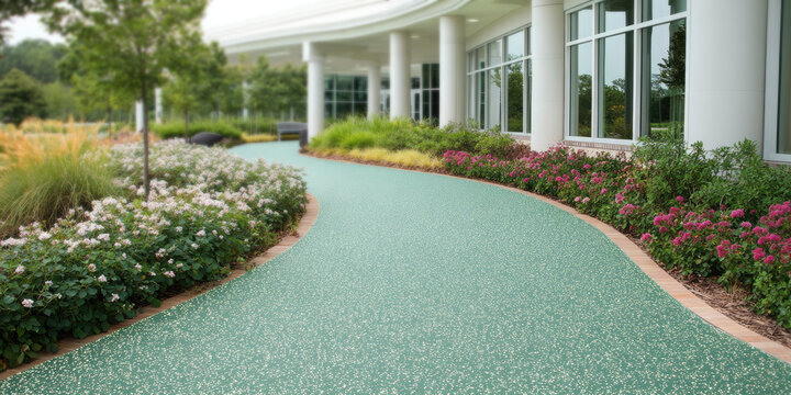 A curved green pathway bordered by colorful flowerbeds runs alongside a modern building with large windows. Beautiful garden and architecture