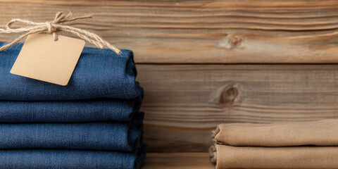 Denim jeans and beige pants are neatly folded on a wooden surface, with a blank tag tied to the denim. Casual clothing, organized style