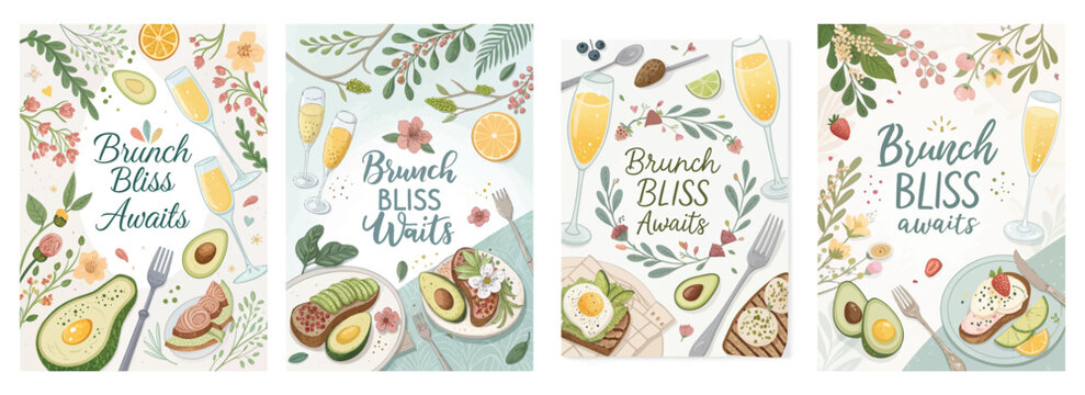 Colorful brunch illustrations featuring dishes, drinks, and fresh ingredients, celebrating culinary delights.