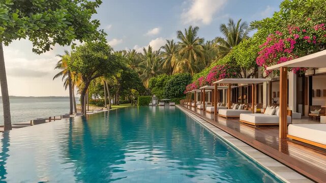 Luxury tropical resort infinity pool with cabanas, palm trees, and ocean view surrounded by lush greenery under bright sunny sky