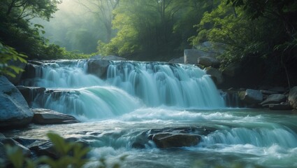 A waterfall flowing over rocks in a lush green forest with mist and vibrant foliage.