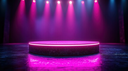 A minimalist scene, bathed in the soft glow of a deep violet backdrop, where a single, ethereal pink digital podium stands ready to showcase a futuristic product or concept, rendered with the 