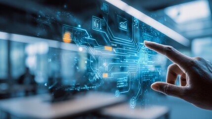 Digital Interface Touch with Circuit Board Overlay, Data Flow, Futuristic Technology, and Human Interaction