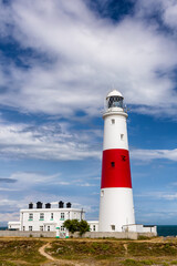 Portland Bill lighthouse and keeper's cottages on the Isle of Portland, England.