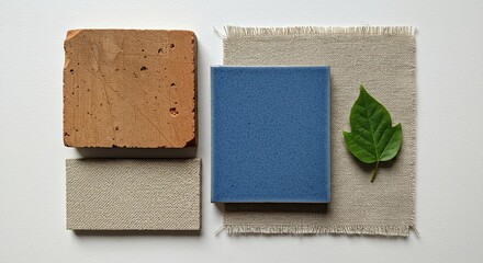 Material mood board brick blue tile fabric and leaf for interior design and architectural inspiration