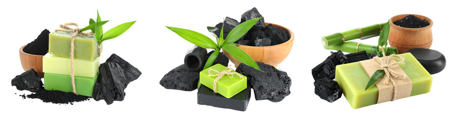 Artistic Arrangement Of Green Soaps Charcoal And Bamboo Leaves Against Black Background Featuring Natural Elements