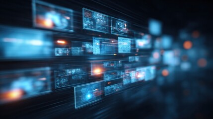 Futuristic Data Stream Visualization with Glowing Panels, Abstract Technology Background, and Digital Interface Elements