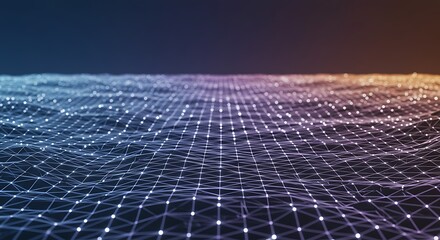 Waving digital landscape of a glowing plexus network with connected dots and lines.
