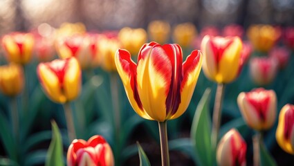 Fototapeta premium Colorful tulips with red and yellow petals in a garden, vibrant flowers in full bloom in spring.