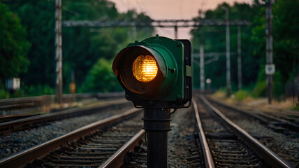 Macro shot of illuminated train signal light with out-of-focus rails