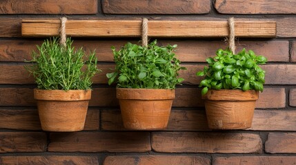 Three Terracotta Pots of Herbs Hanging on a Rustic Brown Brick Wall