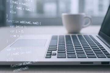 Laptop displaying source code with a coffee mug, symbolizing software development and coding workflow