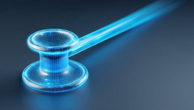 Digital stethoscope technology represents ai medical innovation with futuristic design and glowing blue wireframe on dark background symbolizing advanced healthcare tools and diagnostics