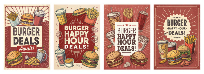 Colorful retro-style burger promotion posters featuring delicious burgers, fries, and drinks.