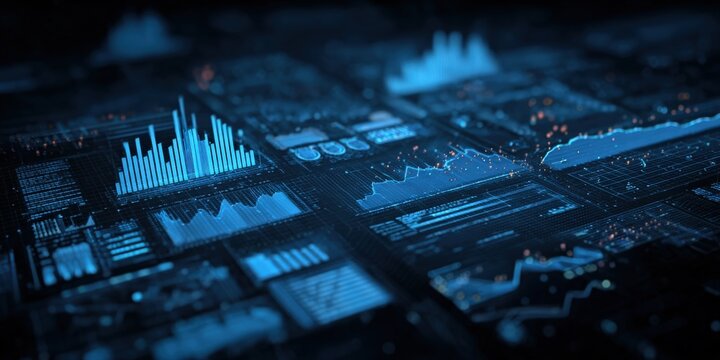 Abstract Visualization of Data Analytics Interface with Line Graphs, Bar Charts, and Statistics in Blue