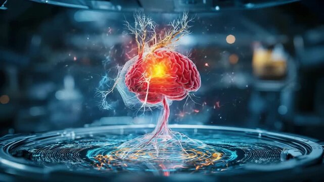 Human brain neural network technology science digital artificial intelligence innovation futuristic glowing electric impulses data network concept