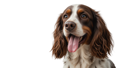 Professional studio portrait of a joyful brown and white dog with expressive eyes and furry coat against a sleek black background perfect for pet lovers and commercial use
