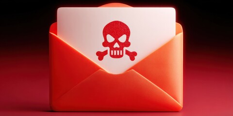 Email security threat illustration: an open red envelope contains a card with a skull warning sign