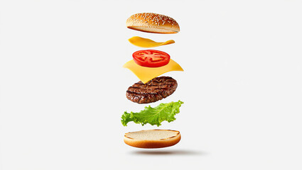 Ingredients floating mid-air in deconstructed burger style, clear background for copy.