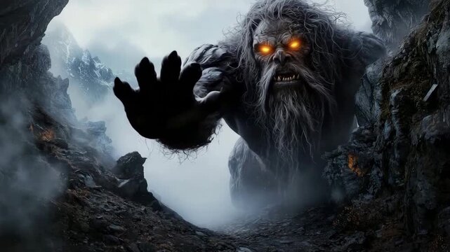 Giant monster glowing eyes in rocky cave fog mountain eerie atmosphere misty landscape reaching forward evoking fear power mysterious creature