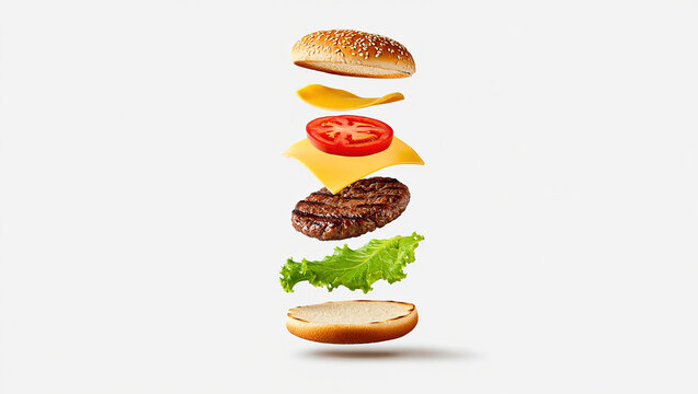 Ingredients floating mid-air in deconstructed burger style, clear background for copy.