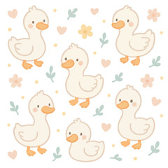 Handdrawn Cute Duckling with Hearts and Flower Illustration Seamless Pattern