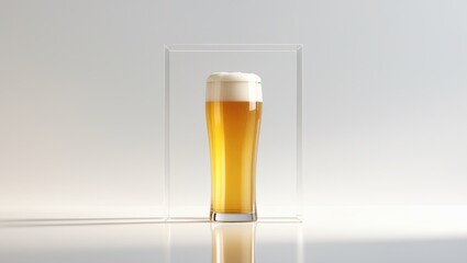 A glass of beer with foam, contained within a transparent rectangular box.